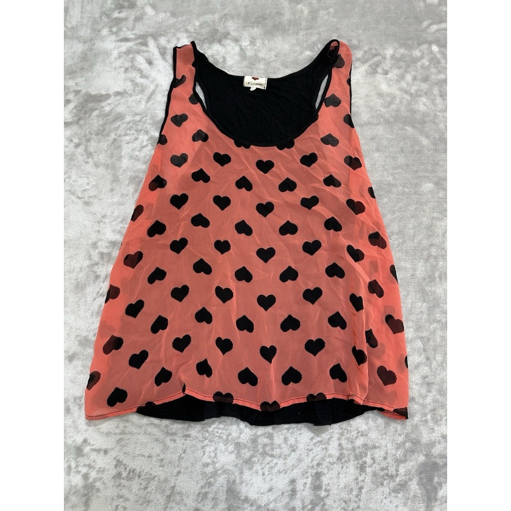 One Clothing Blouse Women's Size Large Coral Sheer Sleeveless Hearts Love EUC